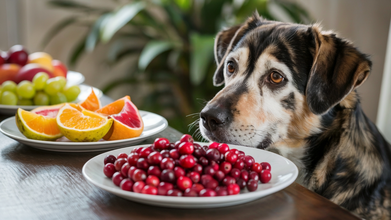Mixed Breed Dog Looking at Cranberries and Other Fruit