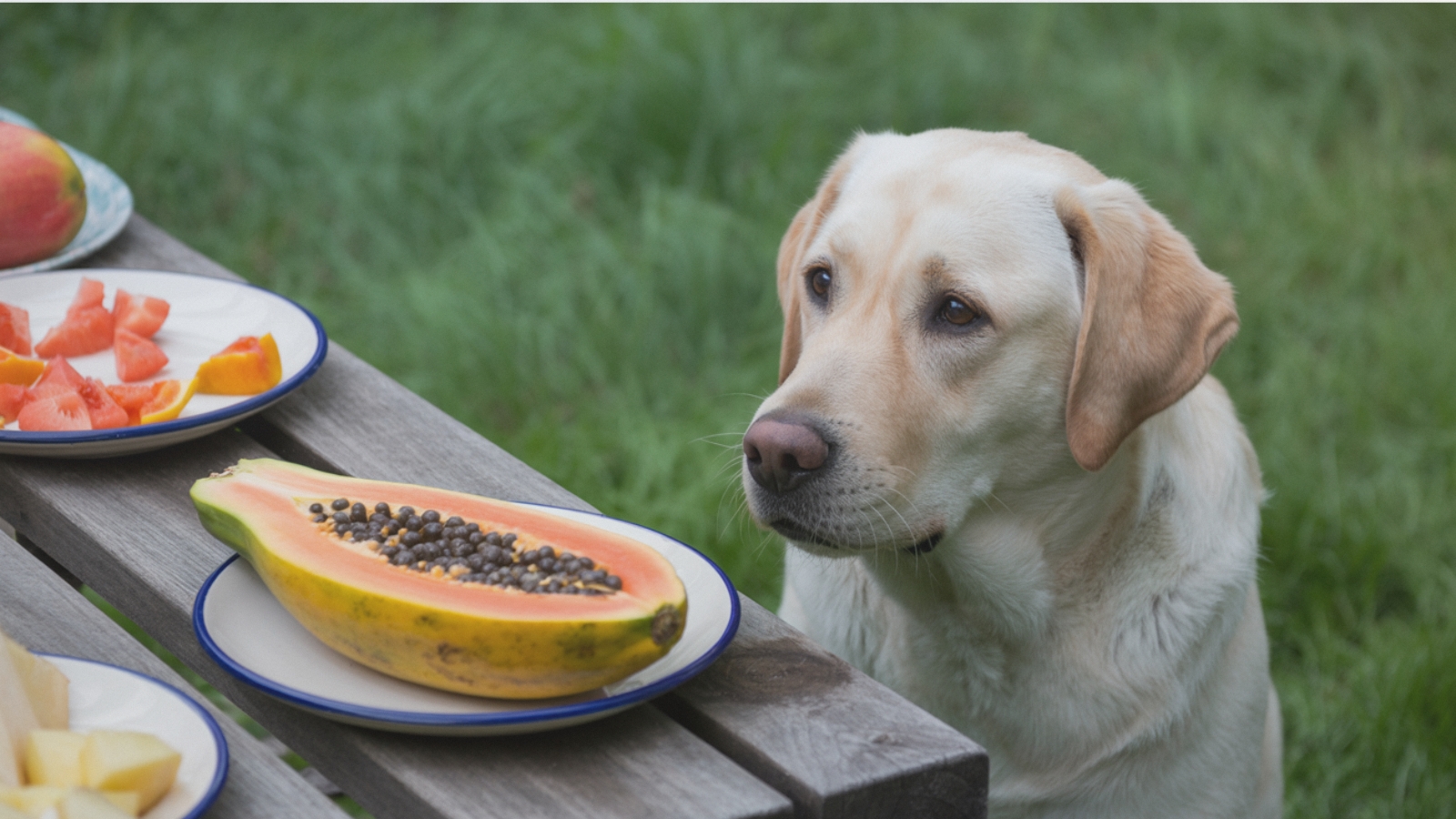 Labrador Retriever looking at a papaya fruit on a picnic table sitting in the grass.