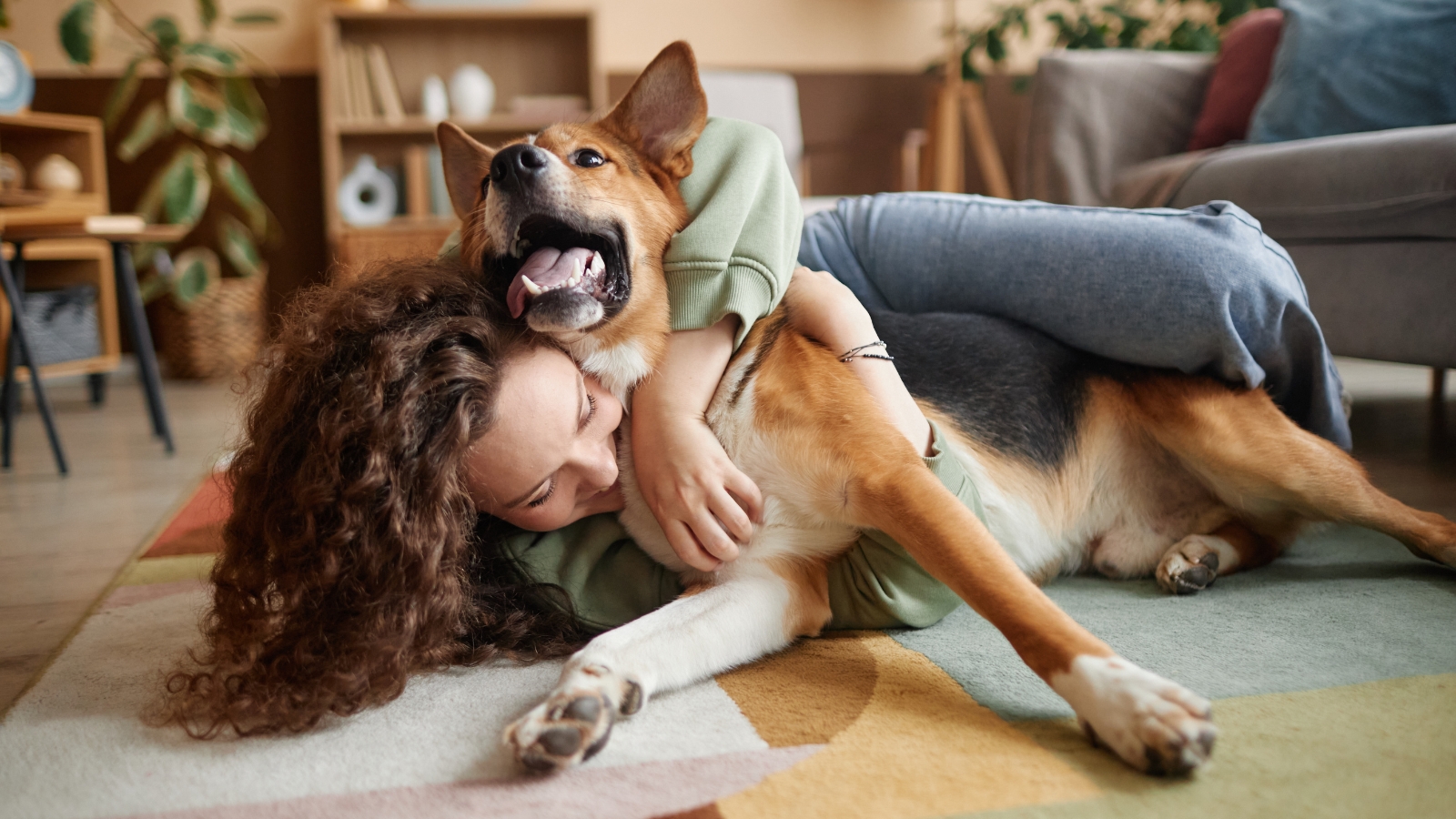 A young woman plays on the floor with her large dog, which has a thick tan and black coat, pointed ears, fluffy tail, and bright happy eyes as they cuddle together at home.